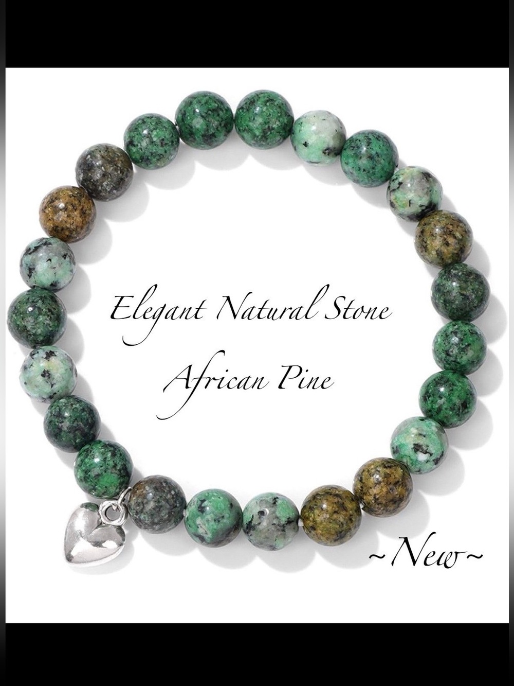 Elegant Natural Stone African Pine Green  Bracelet with Heart Charm ~NEW~